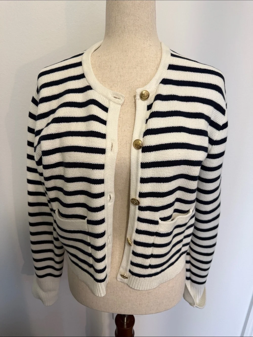 J. Crew Navy and White Striped Gold-Button Cardigan